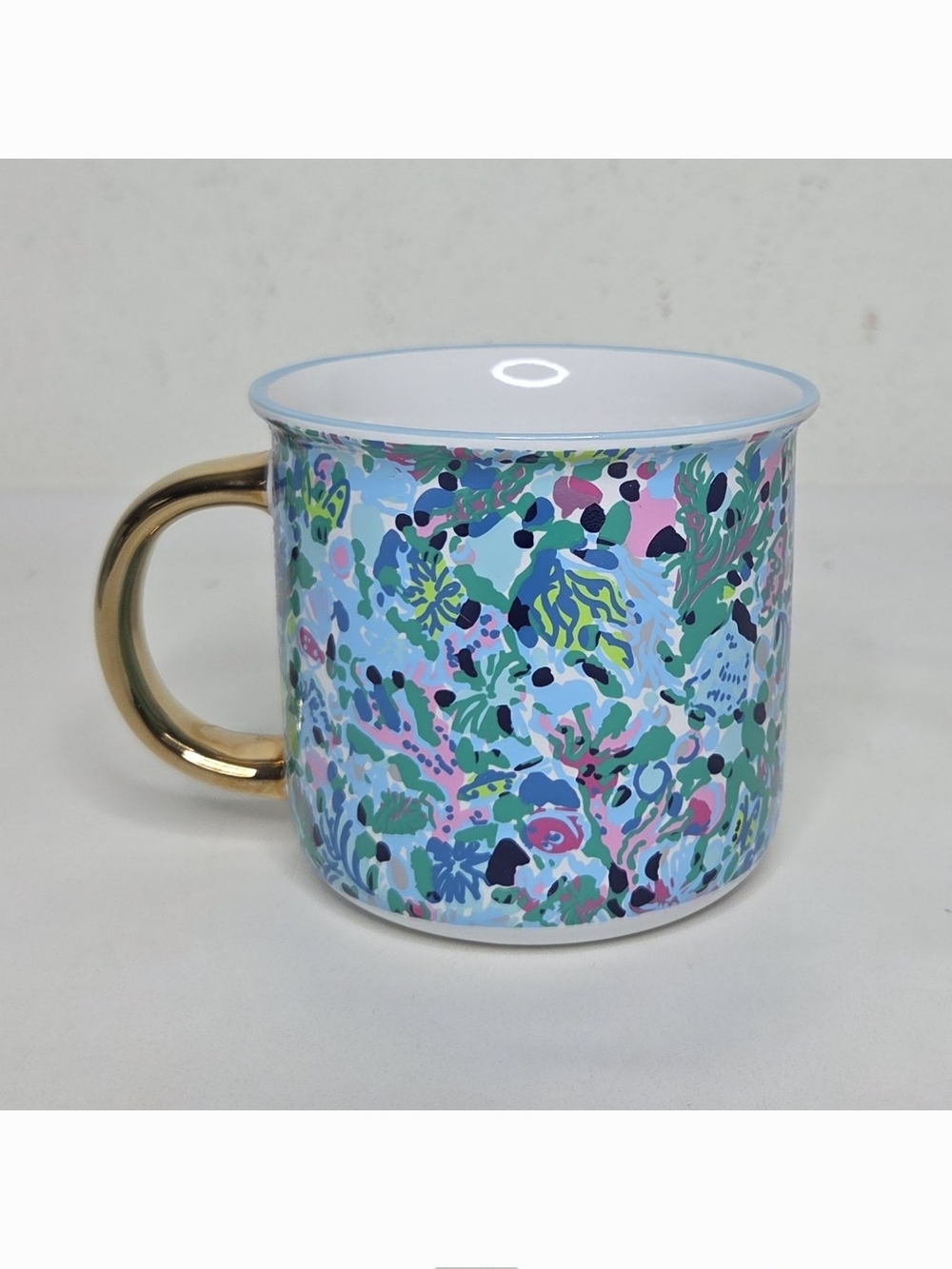 Lilly Pulitzer Dive In Coffee Mug Tea Cup Floral Ceramic Gold Handle Coastal
